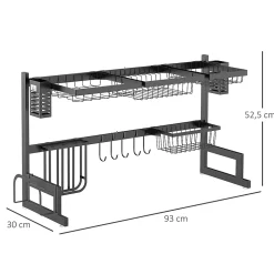 Égouttoir à vaiselle - organiseur d'évier - 8 espaces de séchage - pieds ventouses - acier inox. noir