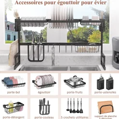 Égouttoir à vaiselle - organiseur d'évier - 8 espaces de séchage - pieds ventouses - acier inox. noir