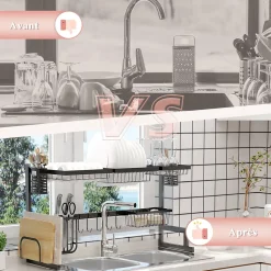 Égouttoir à vaiselle - organiseur d'évier - 8 espaces de séchage - pieds ventouses - acier inox. noir