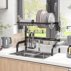 Égouttoir à vaiselle - organiseur d'évier - 9 espaces de séchage - acier noir