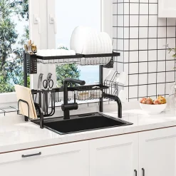 Égouttoir à vaiselle - organiseur d'évier - 9 espaces de séchage - acier noir