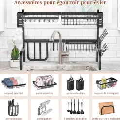 Égouttoir à vaiselle - organiseur d'évier - 9 espaces de séchage - acier noir