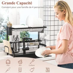 Égouttoir à vaiselle - organiseur d'évier - 9 espaces de séchage - acier noir