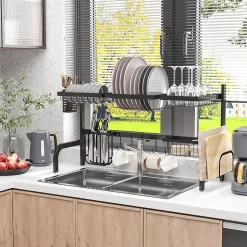Égouttoir à vaiselle réglable - organiseur d'évier - 8 espaces de séchage - pieds ventouses - acier époxy noir