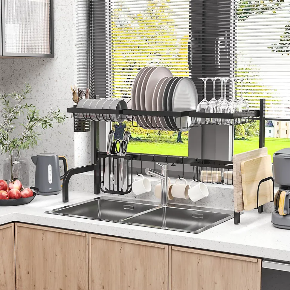 Égouttoir à vaiselle réglable - organiseur d'évier - 8 espaces de séchage - pieds ventouses - acier époxy noir