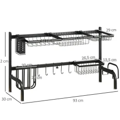 Égouttoir à vaiselle réglable - organiseur d'évier - 8 espaces de séchage - pieds ventouses - acier époxy noir