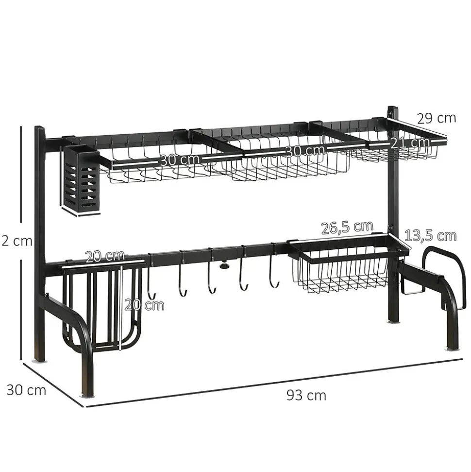 Égouttoir à vaiselle réglable - organiseur d'évier - 8 espaces de séchage - pieds ventouses - acier époxy noir