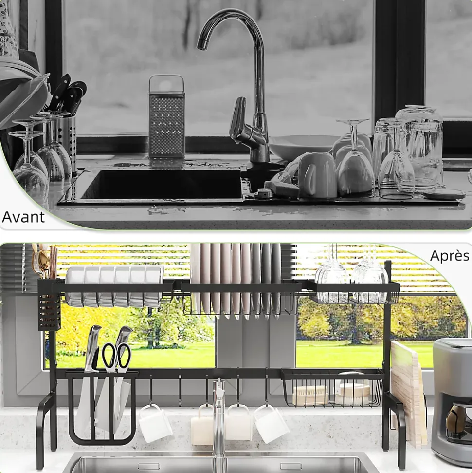 Égouttoir à vaiselle réglable - organiseur d'évier - 8 espaces de séchage - pieds ventouses - acier époxy noir