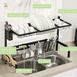 Égouttoir à vaiselle réglable - organiseur d'évier - 8 espaces de séchage - pieds ventouses - acier époxy noir