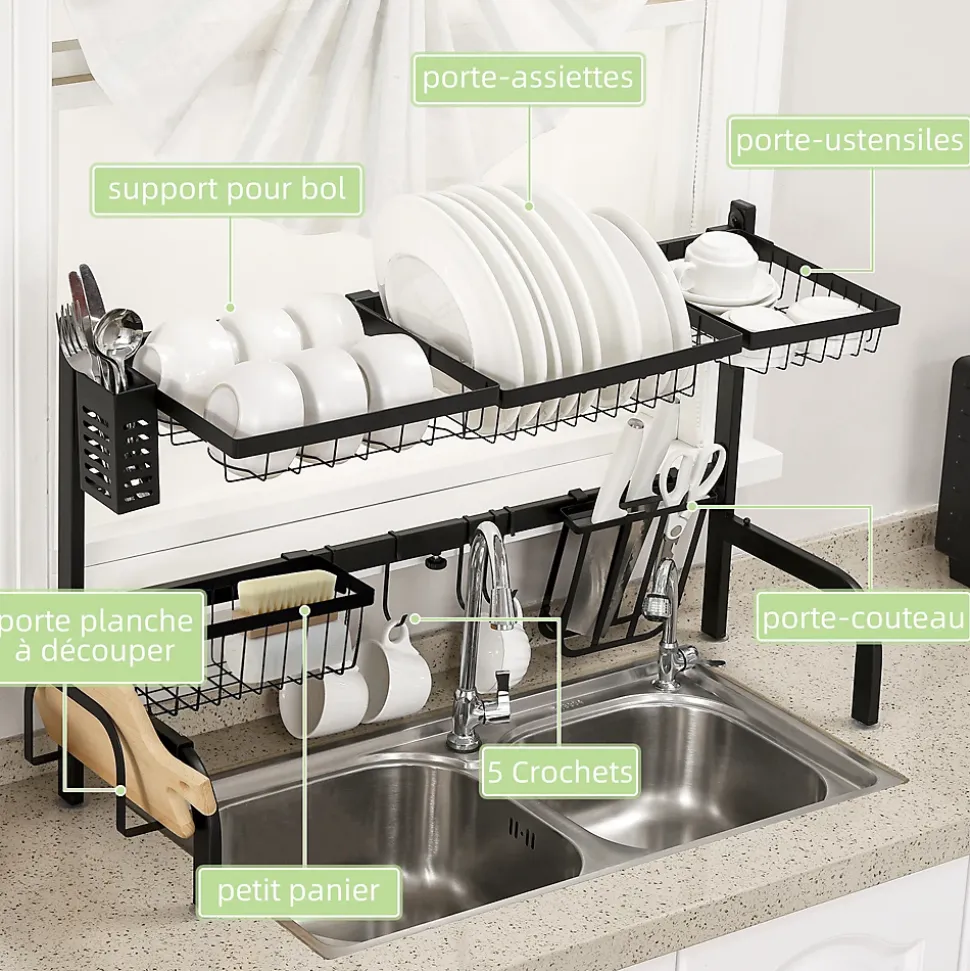Égouttoir à vaiselle réglable - organiseur d'évier - 8 espaces de séchage - pieds ventouses - acier époxy noir