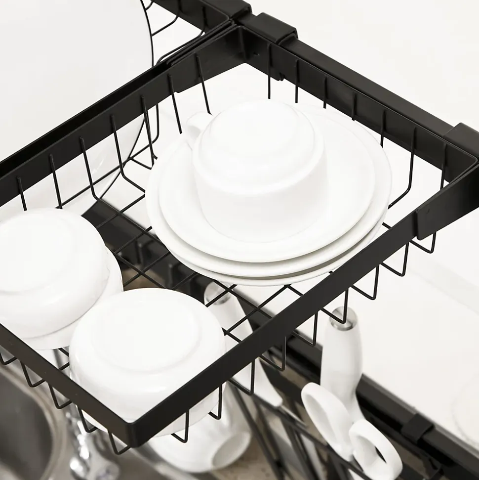 Égouttoir à vaiselle réglable - organiseur d'évier - 8 espaces de séchage - pieds ventouses - acier époxy noir