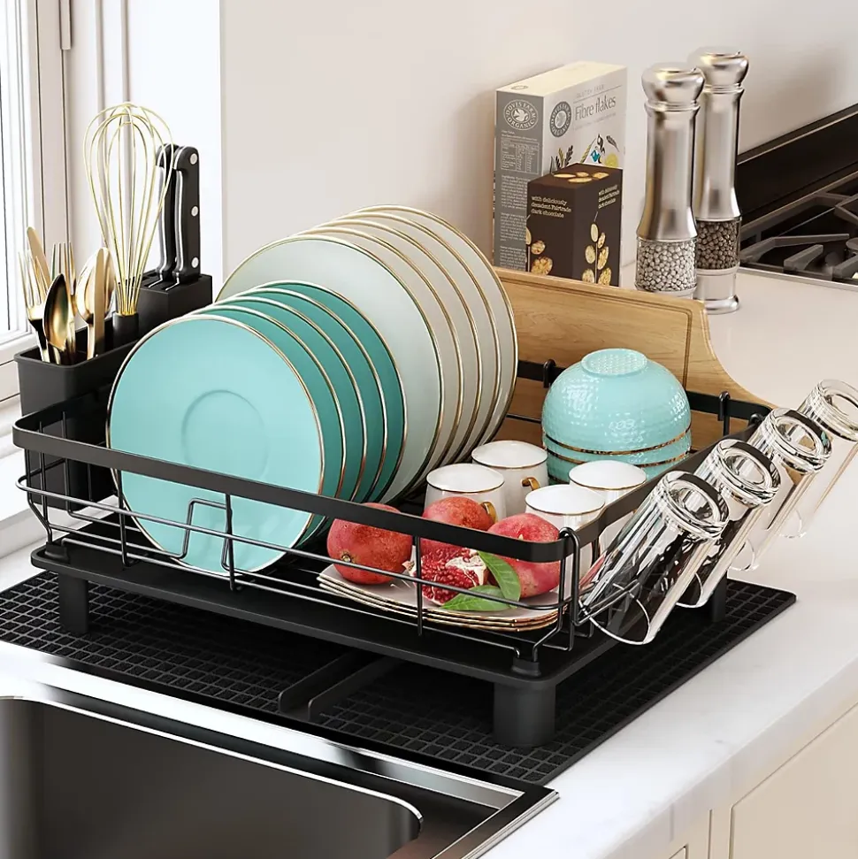 Égouttoir Vaisselle Cuisine avec Porte-Gobelets et Porte-Ustensiles noir