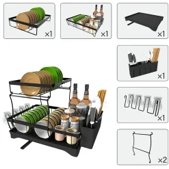 Égouttoirs à Vaisselle à 2 Niveaux Noir,Égoutoire Vaisselle Cuisine avec bac Récupération Amovible et Porte-Couverts.