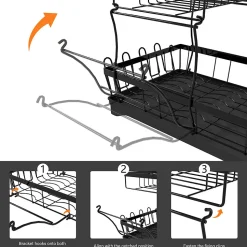 Égouttoirs à Vaisselle à 2 Niveaux Noir,Égoutoire Vaisselle Cuisine avec bac Récupération Amovible et Porte-Couverts.