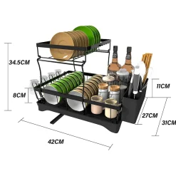Égouttoirs à Vaisselle à 2 Niveaux Noir,Égoutoire Vaisselle Cuisine avec bac Récupération Amovible et Porte-Couverts.