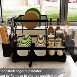 Égouttoirs à Vaisselle à 2 Niveaux Noir,Égoutoire Vaisselle Cuisine avec bac Récupération Amovible et Porte-Couverts.