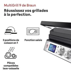 Grill multifonctions - BRAUN - Multi Grill 9 - 2000 W - 3 positions de chauffe - Noir / Acier
