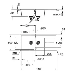 GROHE K400 - Evier composite avec égouttoir Noir granite 1160 x 500 mm 31643AP0