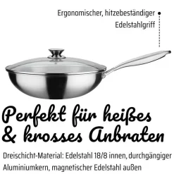 GSW Wok pro 32 cm Fond 3 PLY nid d abeille Poignee rivetee Inox Tous feux avec couvercle