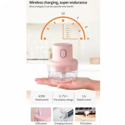 Hachoir électrique portable sans fil 100ml Rose Herzberg HG03183-PNK