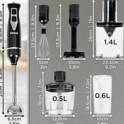 HB35 Bundle Mixeur plongeant 350W 2 vitesses Lames inox avec presse purée hachoir fouet spiraliseur Soupe Purée Smoothie Duronic