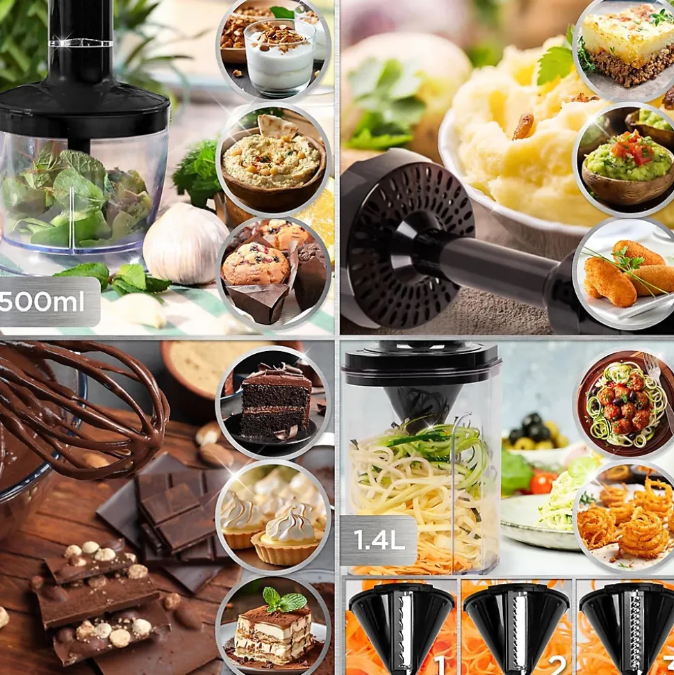 HB35 Bundle Mixeur plongeant 350W 2 vitesses Lames inox avec presse purée hachoir fouet spiraliseur Soupe Purée Smoothie Duronic