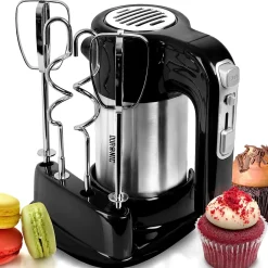 HM3 Batteur électrique à main 300W 5 vitesses Fonction turbo 2 batteurs 2 crochets Rangement intégré Pâtisserie gâteaux Duronic