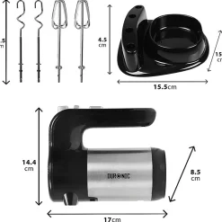 HM3 Batteur électrique à main 300W 5 vitesses Fonction turbo 2 batteurs 2 crochets Rangement intégré Pâtisserie gâteaux Duronic