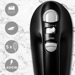 HM4 BK Batteur électrique à main 400W 5 vitesses Fonction turbo 2 batteurs 2 crochets 1 fouet Rangement intégré Duronic
