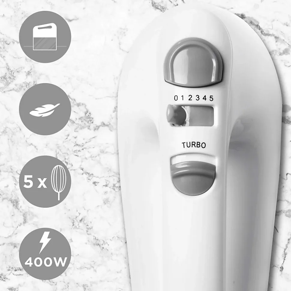 HM4 WE Batteur électrique à main 400W 5 vitesses Fonction turbo 2 batteurs 2 crochets 1 fouet Rangement intégré Duronic