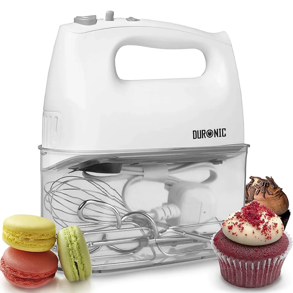 HM4 WE Batteur électrique à main 400W 5 vitesses Fonction turbo 2 batteurs 2 crochets 1 fouet Rangement intégré Duronic