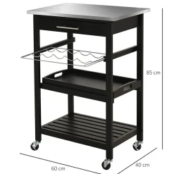 HOMCOM Chariot de service desserte de cuisine à roulettes multi-rangements 60L x 40l x 85H cm plateau acier inox. MDF pin noir