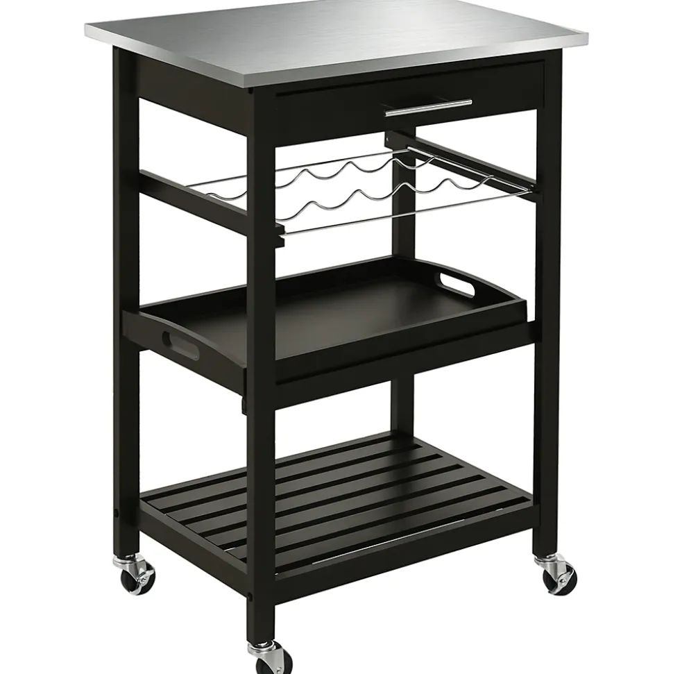 HOMCOM Chariot de service desserte de cuisine à roulettes multi-rangements 60L x 40l x 85H cm plateau acier inox. MDF pin noir