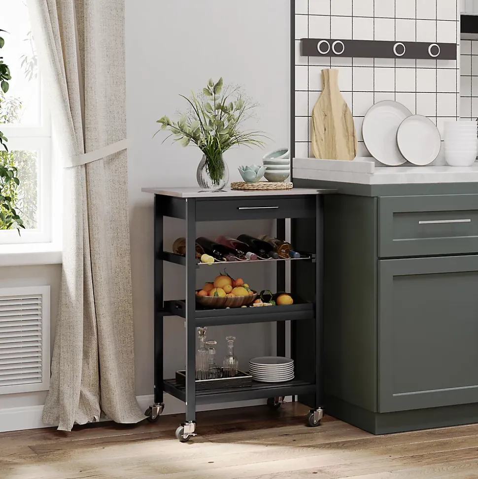 HOMCOM Chariot de service desserte de cuisine à roulettes multi-rangements 60L x 40l x 85H cm plateau acier inox. MDF pin noir