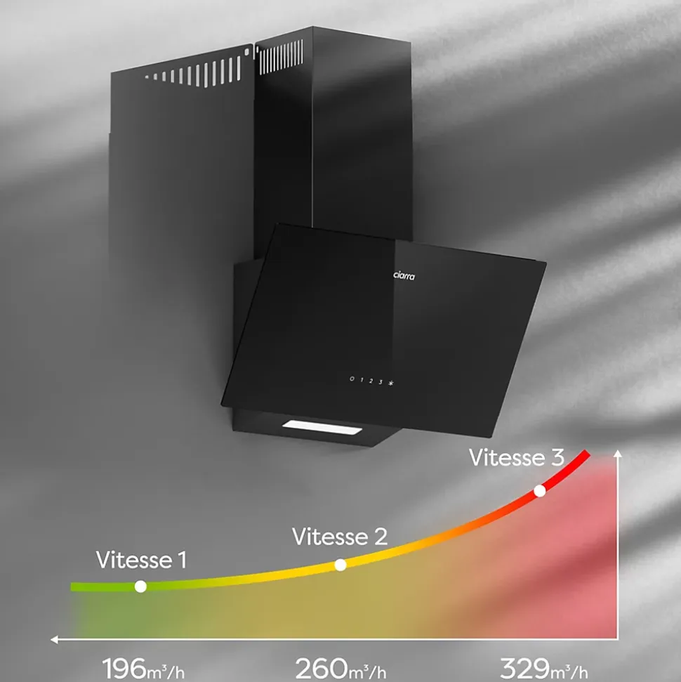 Hotte aspirante inclinée 60cm 350m3h recyclage ou évacuation éclairage LED verre noir Ciarra