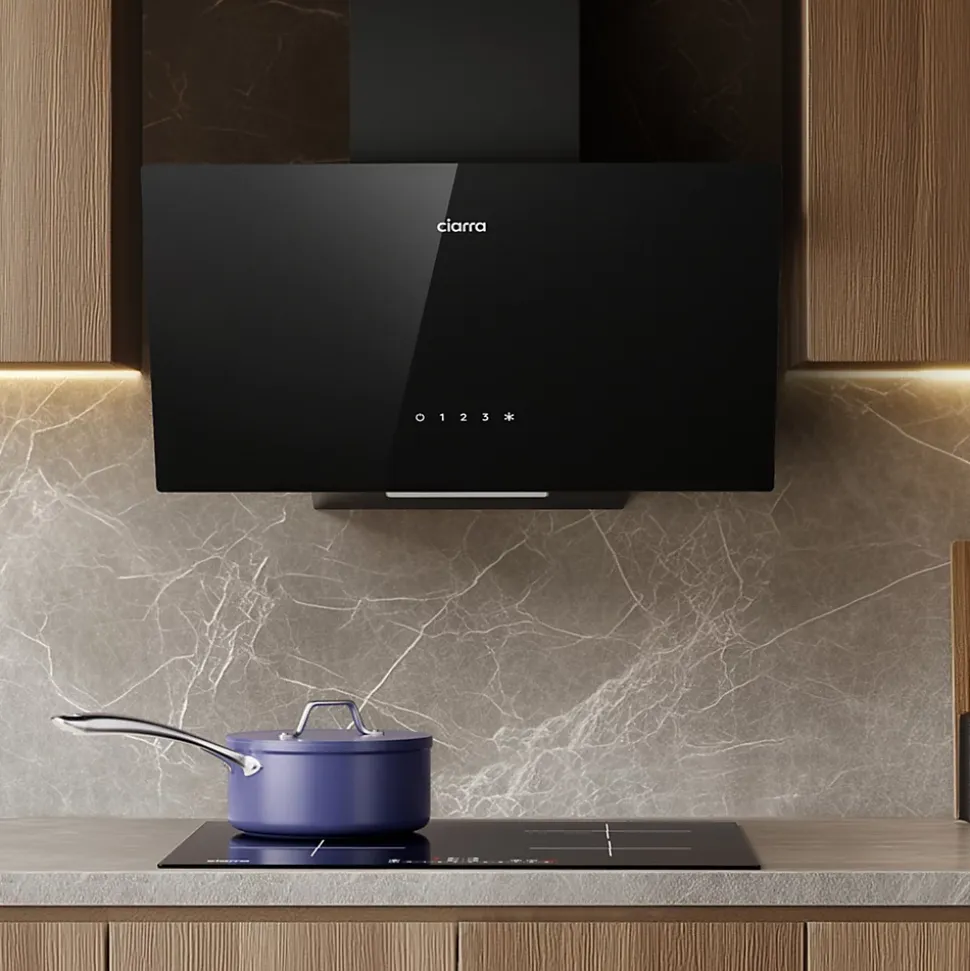 Hotte aspirante inclinée 60cm 350m3h recyclage ou évacuation éclairage LED verre noir Ciarra