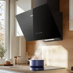 Hotte aspirante inclinée 60cm 350m3h recyclage ou évacuation éclairage LED verre noir Ciarra