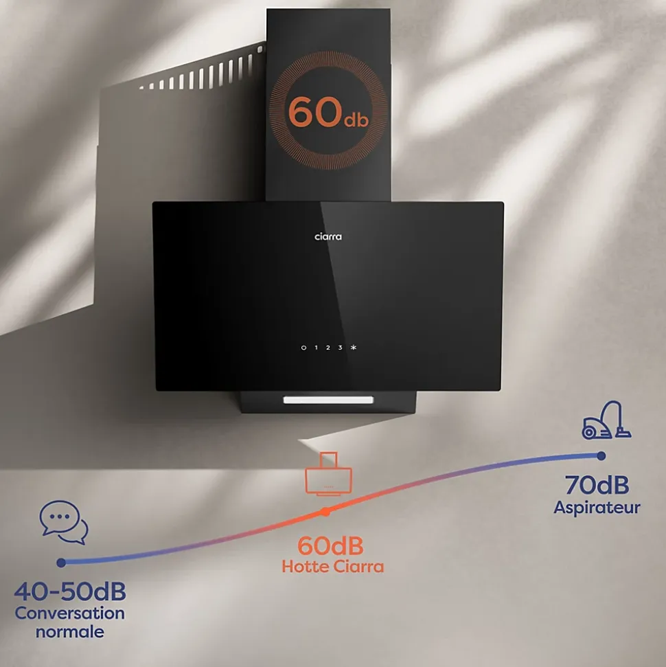 Hotte aspirante inclinée 60cm 350m3h recyclage ou évacuation éclairage LED verre noir Ciarra