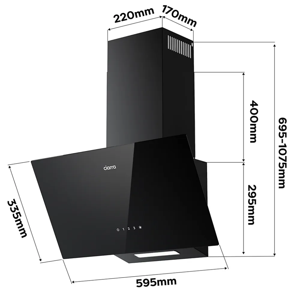 Hotte aspirante inclinée 60cm 350m3h recyclage ou évacuation éclairage LED verre noir Ciarra