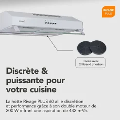 Hotte Casquette 60 cm Blanc - Double moteur 200 Watts - 435 m3/h