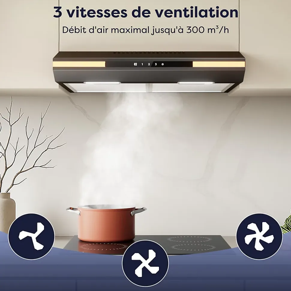 Hotte casquette 60cm 220m3h 3 vitesses tactile évacuation ou recyclage noir Ciarra CD6921B