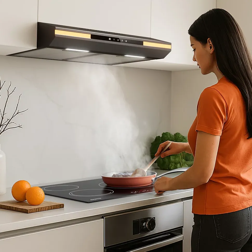 Hotte casquette 60cm 220m3h 3 vitesses tactile évacuation ou recyclage noir Ciarra CD6921B