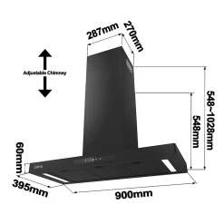 Hotte décorative 90cm murale 650m3h wifi classe a+++ 4 vitesses évacuation ou recyclage tactile noir CD9102B-P Ciarra