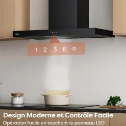 Hotte décorative 90cm murale 650m3h wifi classe a+++ 4 vitesses évacuation ou recyclage tactile noir CD9102B Ciarra