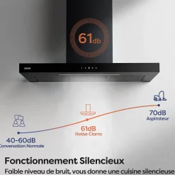Hotte décorative 90cm murale 650m3h wifi classe a+++ 4 vitesses évacuation ou recyclage tactile noir CD9102B Ciarra