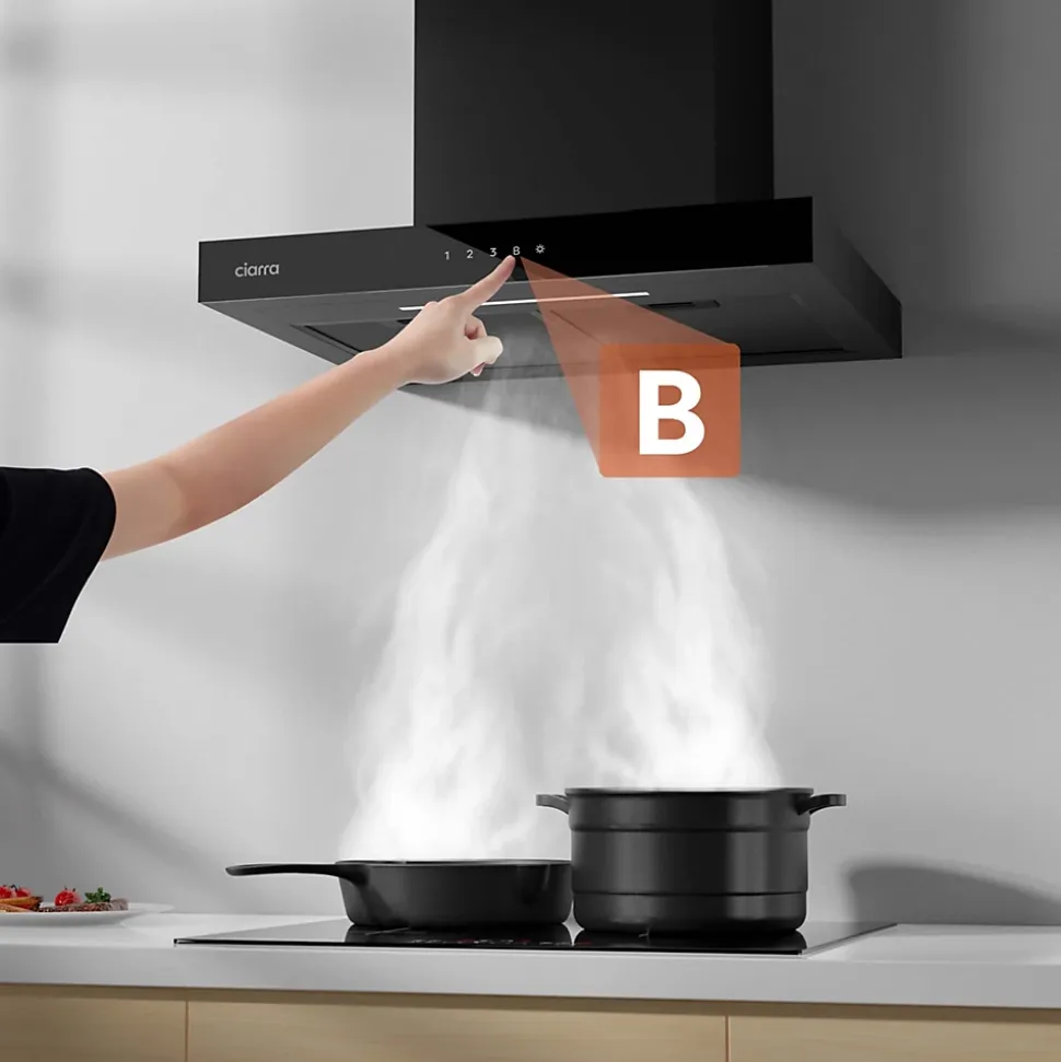Hotte décorative 60cm murale 650m3h wifi classe a+++ 4 vitesses évacuation ou recyclage tactile noir CD6102B Ciarra