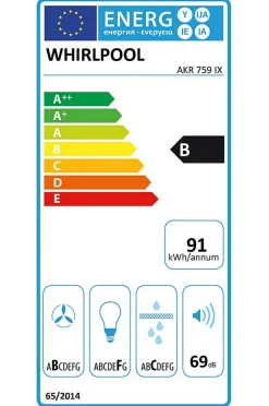 Hotte décorative murale 90cm 69db 713m3/h inox/noir Whirlpool AKR759/1IX