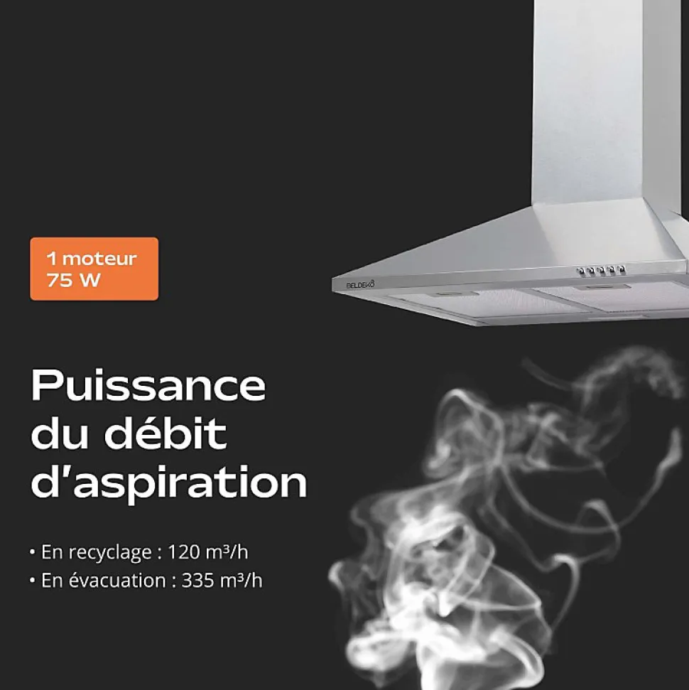 Hotte de Cuisine Décorative Inox 60cm - Pyramide 338 m3/h - Evacuation ou Recyclage