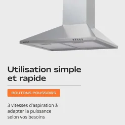 Hotte de Cuisine Décorative Inox 60cm - Pyramide 338 m3/h - Evacuation ou Recyclage