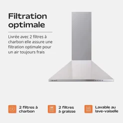 Hotte de Cuisine Décorative Inox 60cm - Pyramide 338 m3/h - Evacuation ou Recyclage